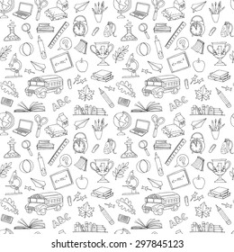 Vector illustration Back to school seamless pattern of kids doodles with bus, books, computer, blackboard and world map