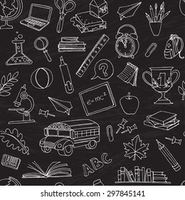 Vector illustration  Back to school seamless pattern of kids doodles with bus, books, computer and world map on blackboard 