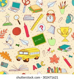 Vector illustration  Vector illustration Back to school seamless pattern of kids doodles with bus, books, computer, blackboard and world map