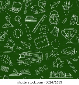 Vector illustration  Back to school seamless pattern of kids doodles with bus, books, computer and world map on green blackboard
