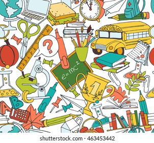 Vector illustration  Back to school seamless pattern color background in kids doodle style with bus, books, computer, blackboard and world map