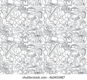 Vector illustration Back to school seamless pattern black and white line background in kids doodle style with bus, books, computer, blackboard and world map