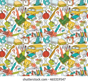 Vector illustration  Back to school seamless pattern of kids doodles with bus, books, computer, blackboard and world map