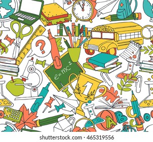 Vector illustration  Back to school seamless pattern of kids doodles with bus, books, computer, blackboard and world map