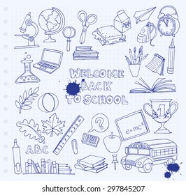 Vector illustration Back to school set of kids doodles with bus, books, computer, blackboard and world map on notebook grid sheet