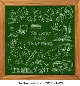 Vector illustration Back to school set of kids doodles with bus, books, computer and world map on green blackboard wooden frame