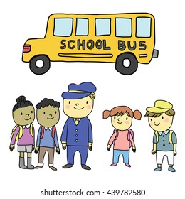 vector illustration - Back to School. Set of school bus, school bus driver, and lovely students. Boys and girls carry their backpacks or knapsacks. 