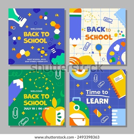 Vector illustration. Back to school. A set of templates in subdued, versatile colors with cute school supplies. Perfect for social media advertising, print, flyers, postcards and more