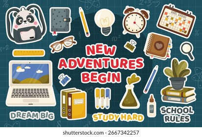 Ilustração vetorial de um pacote de adesivos de volta para a escola com elementos bonitos: mochila panda, laptop, livros, canetas, óculos, despertador, calendário e objetos de ciência