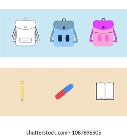 Vector illustration of Back to School supplies. School bags and supplies, learning equipment and different school supplies colorful office accessories. Back to school.