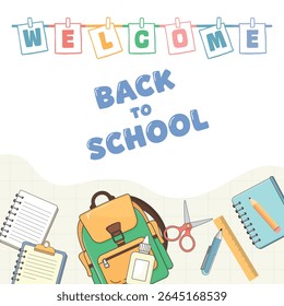 Vector illustration of back to school supplies on white background – backpack, pencil, notebook, pen, scissors, glue – perfect for Knowledge Day, school season and September 1 education themes
