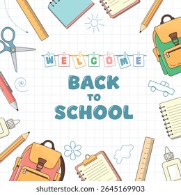 Vector illustration of back to school supplies on white background – backpack, pencil, notebook, pen, scissors, glue – perfect for Knowledge Day, school season and September 1 education themes
