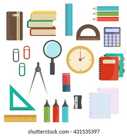 Vector illustration of Back to School supplies. School supplies learning equipment and different school supplies colorful office accessories.  School supplies equipment and  back to school icons.