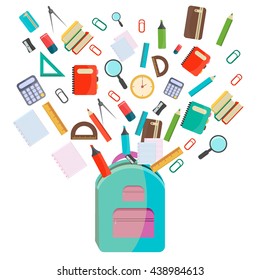 Vector illustration of Back to School supplies. School supplies learning equipment and different school supplies colorful office accessories. Back to school school supplies in school bag big set.