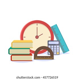 Vector illustration of Back to School supplies. School supplies learning equipment and different school supplies colorful office accessories. Back to school school supplies big set.