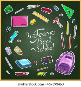 Vector illustration of Back to School supplies on blackboard. Vector illustration for your design