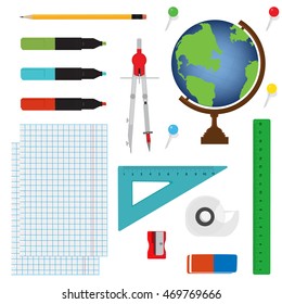 Vector illustration of Back to School supplies. School supplies learning equipment and different school supplies colorful office accessories. School supplies equipment and back to school icons.