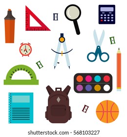 Vector illustration of Back to School supplies. School supplies learning equipment and different school supplies colorful office accessories. Back to school supplies education stationery accessories.