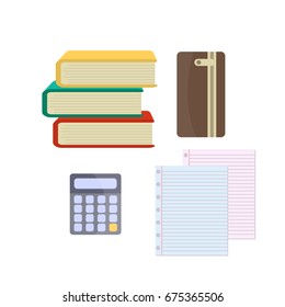 Vector illustration of Back to School supplies. School learning equipment and different school supplies colorful office accessories. Back to school big set.