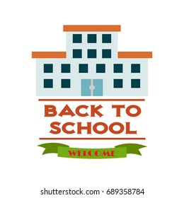 Vector illustration of Back to School supplies label. School learning equipment and different school supplies colorful office accessories. Back to school big banner.