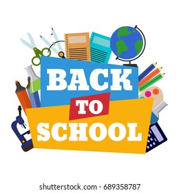 Vector illustration of Back to School supplies label. School learning equipment and different school supplies colorful office accessories. Back to school big banner.