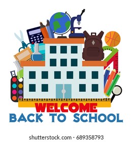 Vector illustration of Back to School supplies label. School learning equipment and different school supplies colorful office accessories. Back to school big banner.