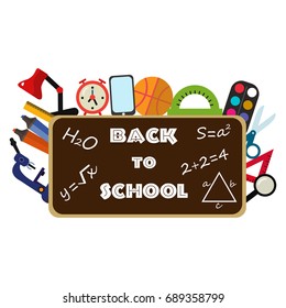 Vector illustration of Back to School supplies label. School learning equipment and different school supplies colorful office accessories. Back to school big banner.