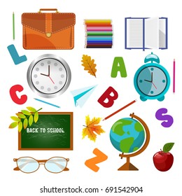 Vector illustration of Back to School supplies. School learning equipment and different school supplies colorful office accessories. Back to school big set.