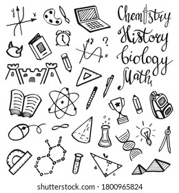 Vector illustration with back to school theme. Education and science. Set of school supplies in doodle style isolated on white background.
