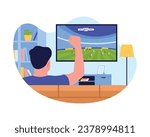 Vector illustration of a back view of a boy watching football. Cartoon scene of a guy - a fan sitting on the sofa and watching football on TV and happy that the enemy team scored a goal .