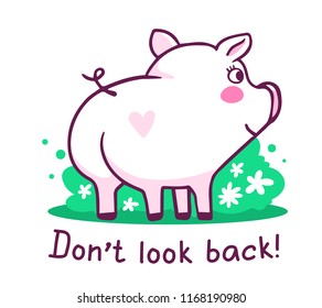 Vector illustration of back view of cute cartoon piglet with snout, tail, text on white background with bush. Hand drawn flat style design of symbol of the new year 2019 for web, site, greeting card