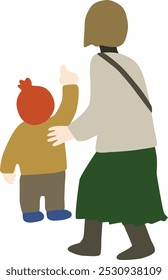 Ilustración vectorial de la vista posterior de la madre y el niño en ropa de invierno
