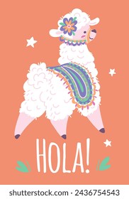 Vector illustration of a back view of a white alpaca with an ornament on its head on an orange background. Perfect for a children's greeting card or invitation with a Hola greeting.