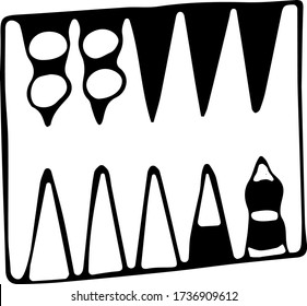 Vector illustration of backgammon Board and chips. The concept of family games, games with friends, leisure activities and competitions. Black outline on a white background.