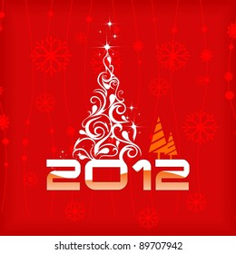 Vector Illustration background with 2012 floral Christmas tree in red color, snowflakes, stars, dots line and shine color.