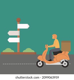 Fondo de la ilustración vectorial sobre la motocicleta de conducción de mensajeros con paquete de caja. Compras en línea. Servicio de entrega en línea. Concepto de paquete de entrega rápida.Ilustración vectorial de diseño gráfico