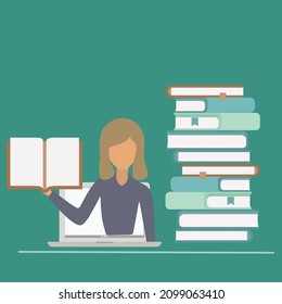 Vector illustration background about female teacher is teaching, half of her body is out of laptop screen and beside her is pile of books. internet class. graphic design vector illustration