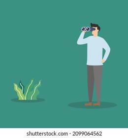 Vector illustration background about happy young tourist man looking through big binoculars far ahead. Businessman is traveling with field glasses.Graphic design vector illustration