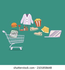 Vector illustration background about monitor screen and shopping cart with products purchased online. E-commerce and digital marketing. Online Order to cart. Simple design vector illustration