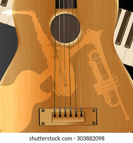 vector illustration background with acoustic guitar and piano keys light shadows saxophone, trumpet and guitar