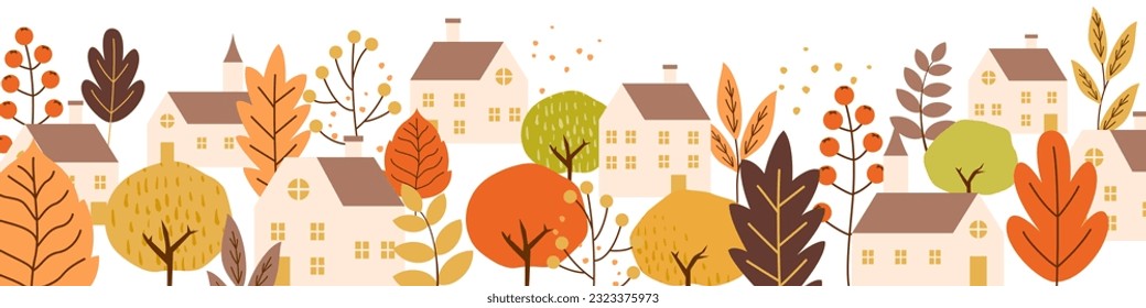 Fondo de ilustración vectorial del paisaje urbano otoñal y hojas otoñales.