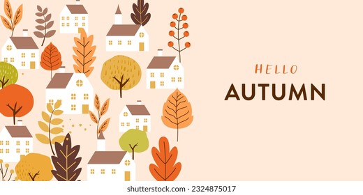 Vector illustration background of autumn cityscape and autumn leaves.