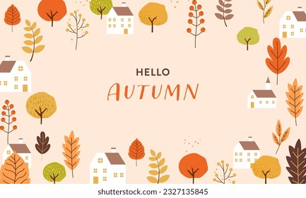 Vector illustration background of autumn cityscape and autumn leaves.