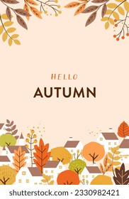 Vector illustration background of autumn cityscape and autumn leaves.