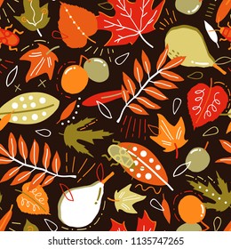 Vector illustration background of autumnal garden with different colors of falling leaves