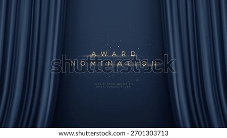 Vector Illustration Background Award Nomination On Stage With Gold Text Curtains Blue Night Glamour Spotlight.