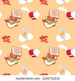 Vector illustration background with bake toast sandwich, eggs, milk.
Wrapping paper, food packaging, fabric or decor for restaurants and cooking classrooms.