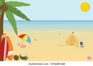 Vector illustration background with a beach theme. This vector features beautiful beach scenes with scenery, ocean, and palm trees. 