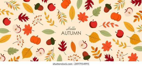 Ilustración vectorial. Fondo hermoso otoño, hojas de otoño, manzanas, calabazas, otoño acogedor. Fondo colorido, Anuncio Horizontal. Diseño moderno.