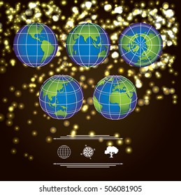 vector illustration and background, of beautiful vintage maps of the globe in different projections